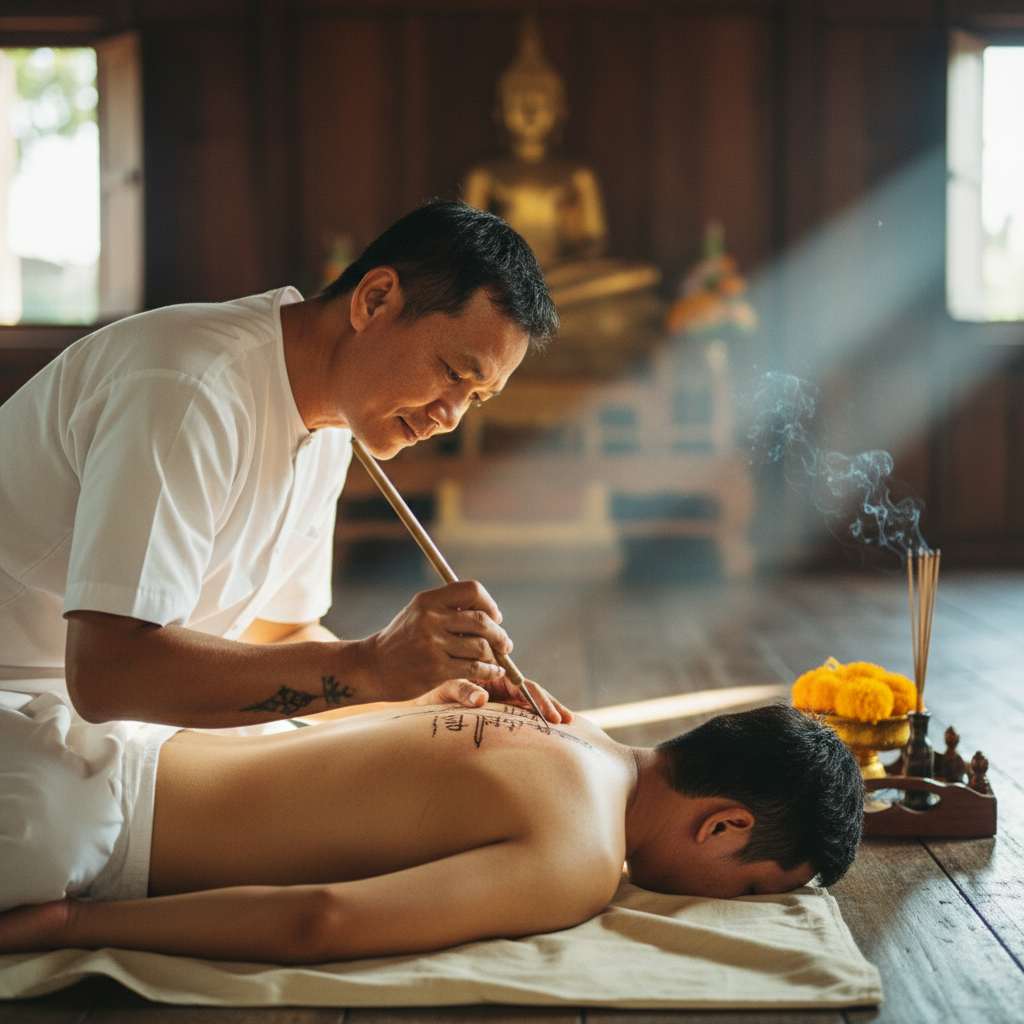 A Southern Thai-tradition Sak Yant master hand-poking a sacred Yant tattoo on a respectful foreign client in a Koh Samui studio